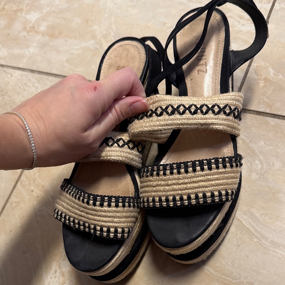 SCHUTZ Black and Tan Espadrille Sandals